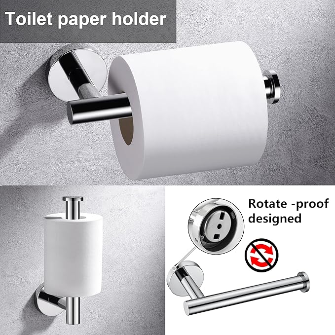 5 Pieces Polished Chrome Bathroom Hardware Accessories Set,Hand Towel Ring,16 inch Towel Bar,Toilet Paper Holder,2pcsTowel Hooks,Round SUS304 Stainless Steel Heavy Duty Wall Mount Holder,Towel Rack