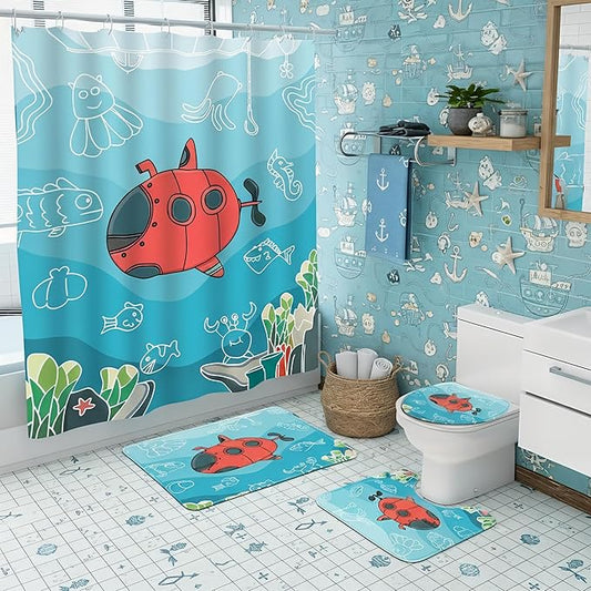 4Pcs Kids Shower Curtain Sets,Boy Bathroom Sets with Waterproof Shower Curtain,Memory Rugs,Non-Slip Rug,Toilet Lid Cover Bath Mat
