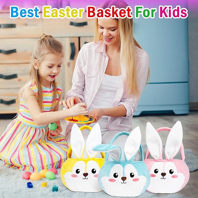 Easter Baskets 3 Pack Cute Empty Bunny Basket with Foldable Ears and Handle for Kids Boy Girl Gift, Easter Decor Set 3 Pink Blue Yellow