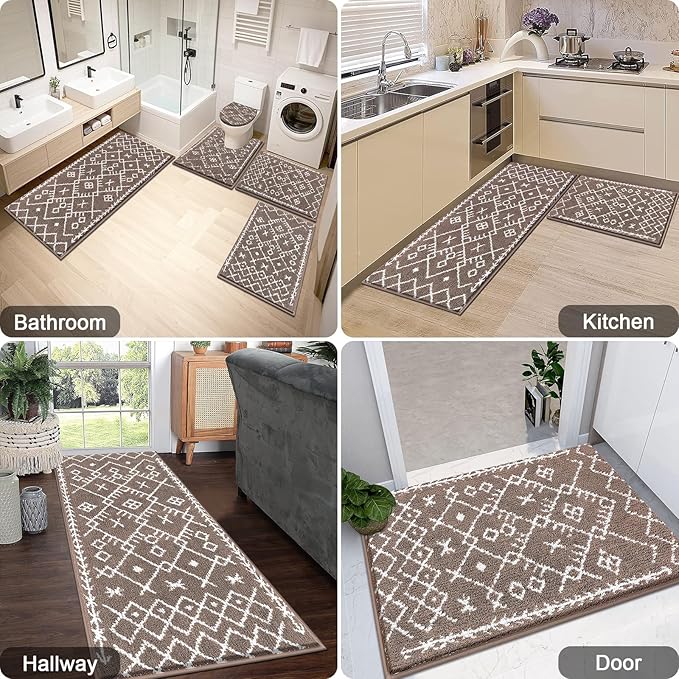 HEBE Bathroom Rugs Sets 5 Piece, Soft Absorbent Microfiber Bath Mat for Bathroom, Non Slip Washable Bath Rug Set with Toilet Cover, Bath Runner and U-Shaped Contour Toilet Rug, Coffee