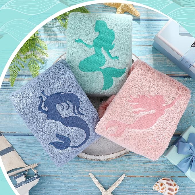 3 Pack Coastal Mermaid Hand Towels for Bathroom 100% Cotton Embroidered Beach Bathroom Towels 13.78 x 29.53 Inch Soft Absorbent(Pink Green Blue, Mermaid)