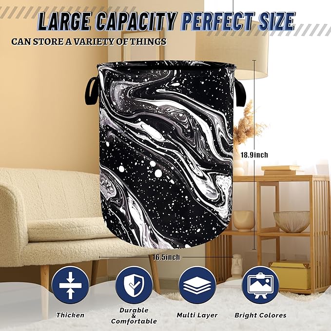 Black White Marble Laundry Basket Foldable Beautiful Pattern Laundry Hamper With Handle Oxford Cloth Portable Clothes Storage Basket Laundry Bag 18.9"x16.5" For Laundry Room/Bedroom/Bathrooms