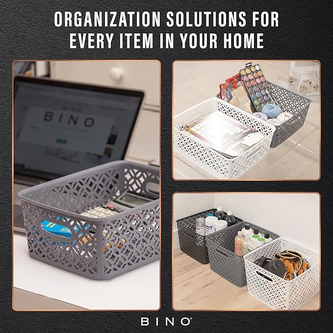 BINO l Plastic Storage Baskets, XLarge - Black | THE BLOSSOM COLLECTION l Multi-Use Organizer Bin l Built-in Handles l Plastic Woven Basket for Organizing l Pantry & Home Organizing Basket