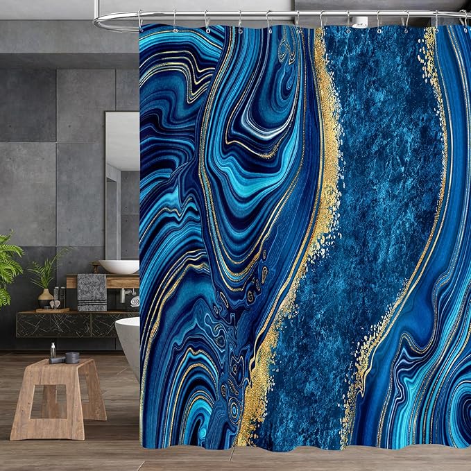 4PCS Blue Gold Marble Shower Curtain Sets with Rugs, Abstract Bathroom Sets with Shower Curtain and Rugs, Modern Bathroom Curtains Shower Set with Toilet Lid Cover for Bathroom Decor