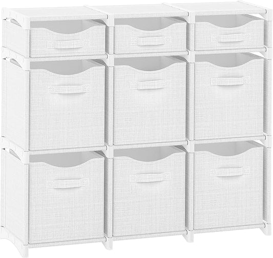 9 Cube Storage Organizer With Bins Included - Closet Storage With 9 Storage Bins - Easy To Assemble Storage Unit With Drawers - Closet Organization For Clothes, Bedroom, Nursery, & Toys (White-Grey)