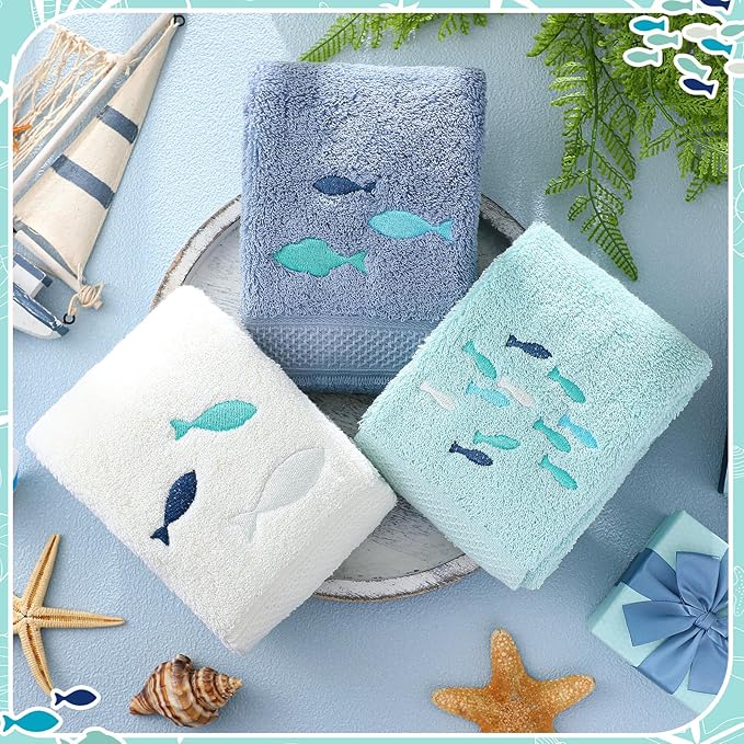 3 Pack Shoal of Fish Coastal Hand Towels for Bathroom 100% Cotton Embroidered Bathroom Towels 13.78 x 29.53 Inch Soft Absorbent (White Green Blue, Fishes)