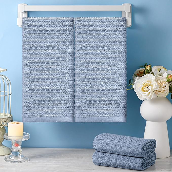4 Pack Blue Hand Towels Waffle Striped Pattern 100% Cotton Soft Hand Towels for Bathroom 13 x 29 Inch Absorbent Waffle Washcloths for Bathroom Kitchen