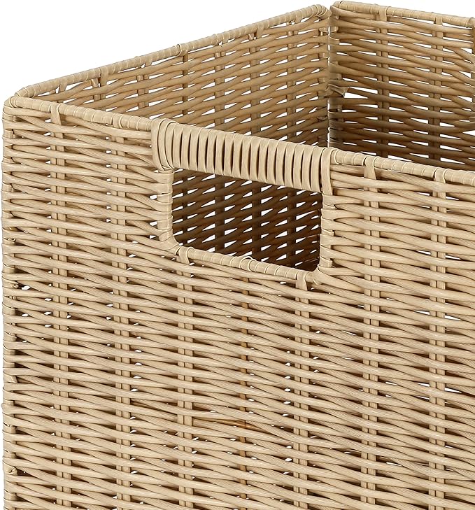 TAIMEI&G02 10.5 x 10.5 in Plastic Wicker Baskets for Cube Storage, Collapsible Square Wicker Storage Basket Set of 4, Rattan Storage Cube, Square Baskets for Shelves - Beige