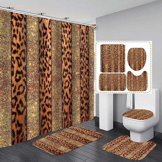 4PCS Leopard Print Shower Curtain Set, African Safari Animal Skin Panthera Fur Brown Cheetah Print Stripes Shining Bling Modern Glam Bathroom Decor, Non-Slip Bath Mat Toilet Rug, Gold Glitter
