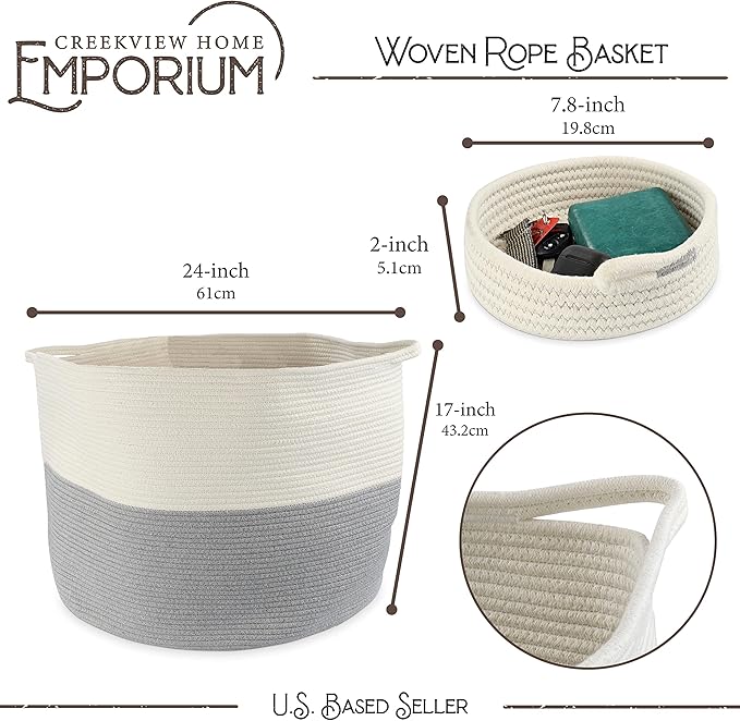Extra Large Cotton Rope Basket 24” x 17” Woven Cotton Storage Basket with Handles for Blankets and Toys, Storage Decor for Living Room, Bedroom or Kids Room