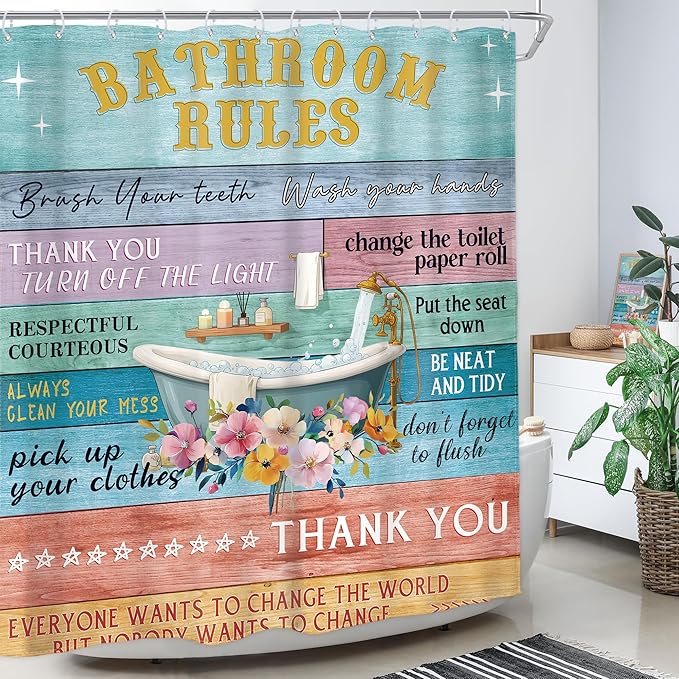 Homewelle Funny Bathroom Rules Shower Curtain Rustic Wooden Floral Farmhouse Inspirational Motivational Words Country Plank Cute 60Wx72H Inch Vintage Board Waterproof Polyester Fabric Bathroom Bathtub