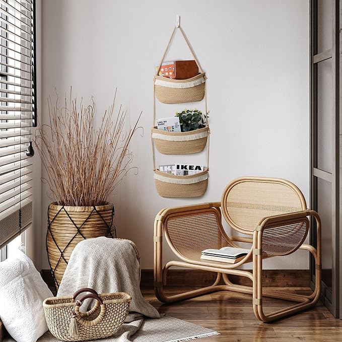 Over The Door Organizer Hanging Basket for Nursery Decor Stuffed Animal Storage Baskets Boho Wall Decor Basket for Bathroom Bedroom Playroom - Beige