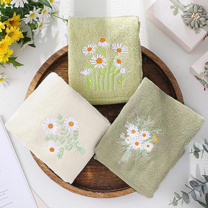 3 Pcs Daisy Floral Hand Towels Daisy Flowers Boho Bathroom Decor 14x29 Inch Cottage Core Embroidered Decorative 100% Cotton Soft Absorbent Hand Towels for Bathroom Kitchen