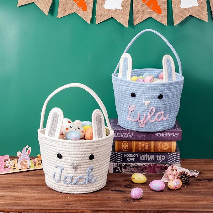 JUPPE Personzlized Easter Bunny Basket with Kids Name, Custom Easter Storage Organizer Basket Cotton Rope Nursery Decor Easter Gift (Easter Bunny)
