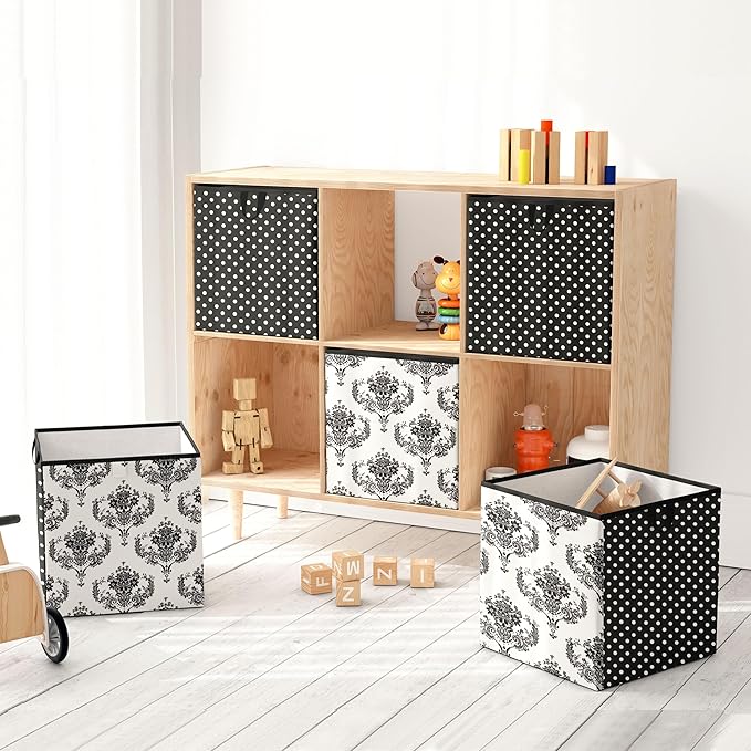Bacati - Large Storage Tote Classic Damask Black/Grey/White Neutral 14 x 14 x 10 inches