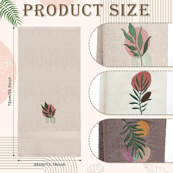 3 Pack Boho Leaves Hand Towels for Bathroom 100% Cotton Embroidered Bathroom Towels 13.78 x 29.53 Inch Beach Hand Towels Absorbent Soft Cotton Towel(Beige,Bohemian Style)