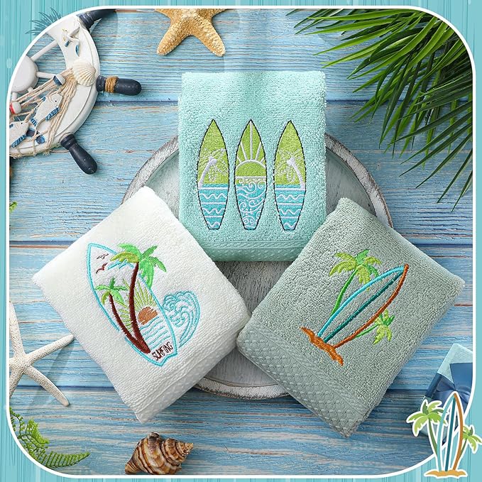 3 Pack Summer Surfboard Hand Towels for Bathroom 100% Cotton Embroidered Beach Bathroom Towels 13.78 x 29.53 Inch Soft Absorbent (Green Series, Surfboard)