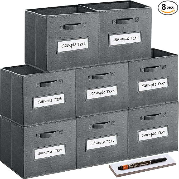 artsdi 13x13x13 storage cube bins(Set of 8) Fabric storage cubes with 8 Labels Window Cards & a Pen, storage cubes 13x13, Collapsible 13 inch cube storage bins, Cubby Organizer Boxes, Gray