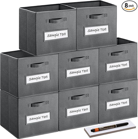 artsdi 13x13x13 storage cube bins(Set of 8) Fabric storage cubes with 8 Labels Window Cards & a Pen, storage cubes 13x13, Collapsible 13 inch cube storage bins, Cubby Organizer Boxes, Gray