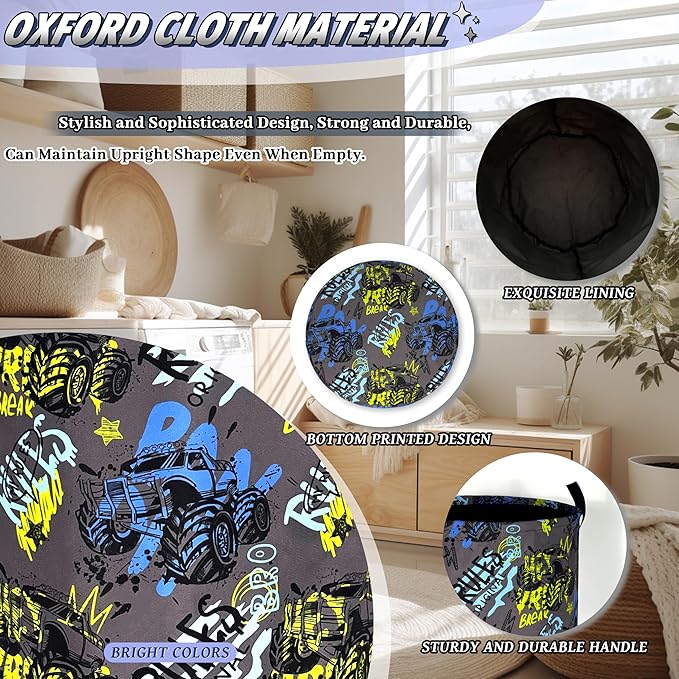 Funny Cars Pattern Laundry Basket Foldable Cartoon Colorful Laundry Hamper With Handle Oxford Cloth Portable Clothes Storage Basket Laundry Bag 18.9"x16.5" For Laundry Room/Bedroom/Bathrooms