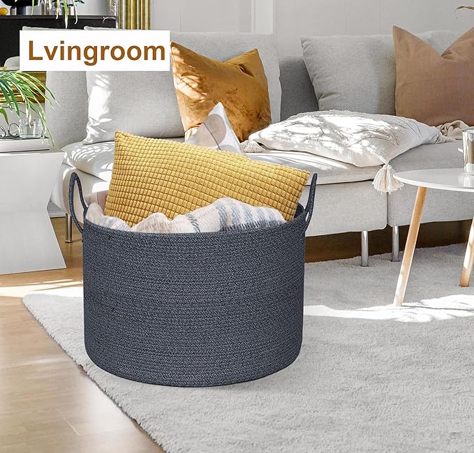 21" x 18" Extra Large storage baskets,Decorative blanket basket with lid for Living room,rope baskets with lid,wicker hamper for bedroom,Big,Round,Dark Grey