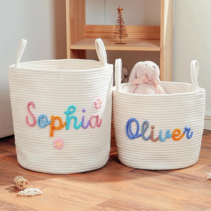 JUPPE Custom Baby Shower Basket, Personzlized Basket with Baby Name, Baby Boy Girl Storage Organizer Cotton Rope Nursery Decor Newborn Gift (XL Basket)