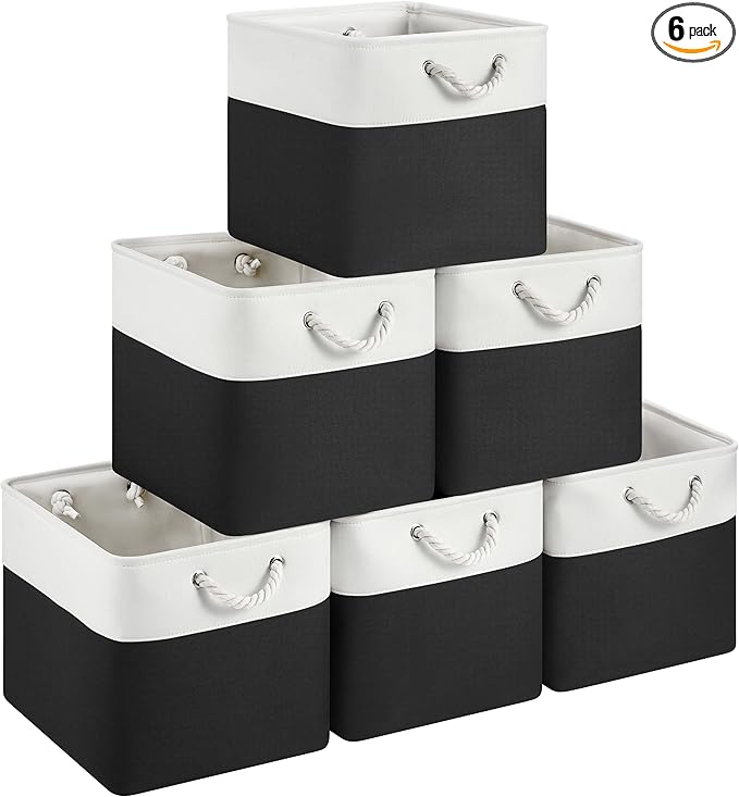 13x15x13 Storage Cube Bins, Heavy Duty Foldable Fabric Storage Bins with Handles and Metal Frame, 6 Pack Large Closet Organizer Bins for Clothes, Socks, Towels, White Black