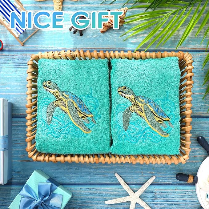 2 Pcs Sea Turtle Hand Towels Teal Bathroom Decor 14x29 Inch Embroidered 100% Cotton Soft Absorbent Spring Summer Decorative Hand Towels for Bathroom Kitchen