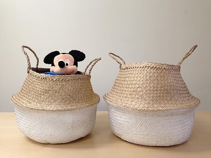 Dipped White Sea Grass Belly Basket Panier Boule Storage Nursery Toy Laundry Easter (Medium)
