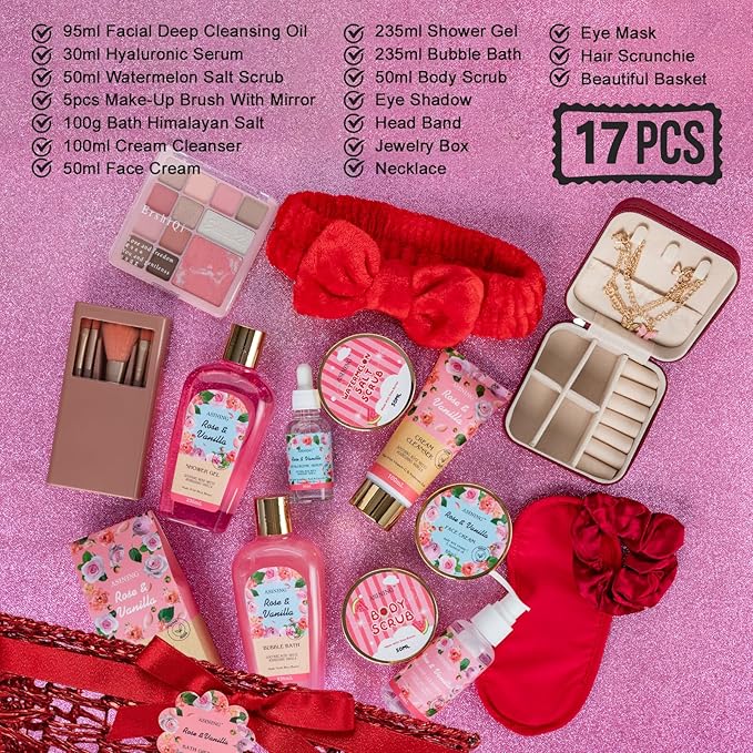 Bath and Body Gift Basket Set Mothers Day, 16 Pcs Luxury Rose & Vanilla Scent Spa Gift Basket Set for Women, Watermelon Body Scrub, Perfect Bath & Body Gift Set, Home Spa Bath Pamper Gifts Teens