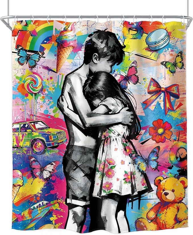 Homewelle Abstract Graffiti Shower Curtain Colorful Funny Toy Bear Floral Flower Butterfly Sweetness Boy Girl Hug Candy Sweet Creative 60Wx72H Inch Cartoon Waterproof Polyester Fabric Bathroom Bathtub