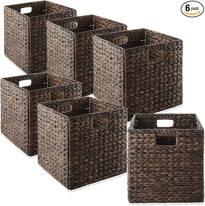 Casafield 13" x 13" Water Hyacinth Storage Baskets, Espresso - Set of 6 Collapsible Cube Organizers, Woven Bins for Bathroom, Bedroom, Laundry, Pantry, Shelves
