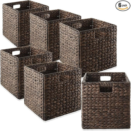 Casafield 13" x 13" Water Hyacinth Storage Baskets, Espresso - Set of 6 Collapsible Cube Organizers, Woven Bins for Bathroom, Bedroom, Laundry, Pantry, Shelves