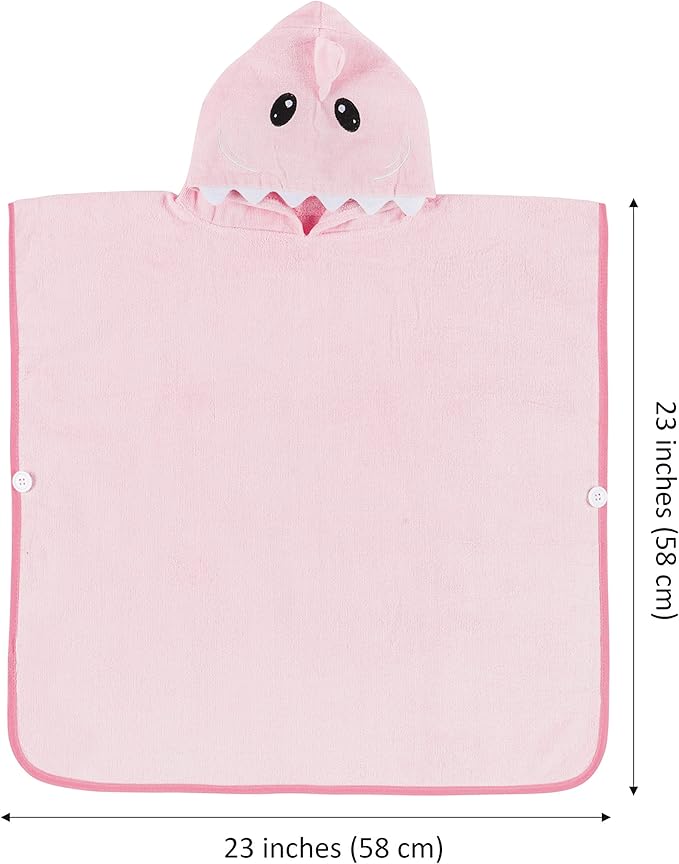 Hudz Kidz Premium Hooded Towel Poncho for Kids & Toddler - 100% Cotton (Pink Shark)