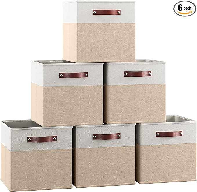 Ornavo Home 11 x 11 Storage Cube Bins, Foldable Collapsible Fabric Storage Bins Box Linen Shelf Basket Cube Organizer for Closet with Leather Handles, 6 Pack, White/Khaki