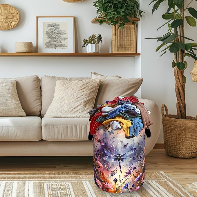 Colorful Dragonfly and Floral Laundry Basket Foldable Wild Flowers Laundry Hamper With Handle Oxford Cloth Portable Clothes Storage Basket Laundry Bag 18.9"x16.5" For Laundry Room/Bedroom/Bathrooms