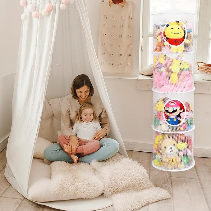 coastal rose 2Pcs Stuffed Animal Storage Foldable Stuffed Animal Net or Hammock Organizer, 4 Compartments Hanging Mesh Toy Storage Hammock for Kid Room Toys, Gloves, Hats, Socks(White)