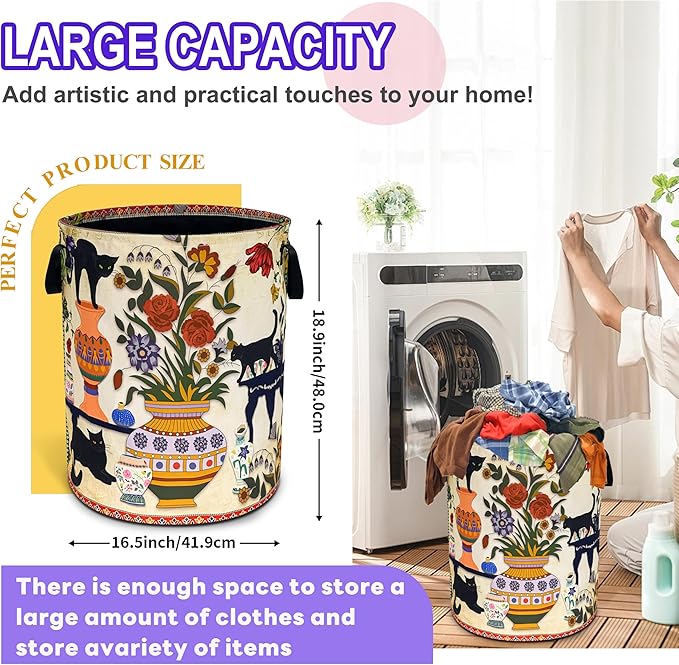 Black Cat Flowers Laundry Basket Floral Vase Art Oxford Cloth Laundry Hamper Funny With Handle Foldable Portable Clothes Storage Basket 18.9 X 16.5 In Storage Bag For Laundry Room/Bathroom/Bedroom