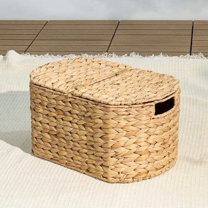 Woven Laundry Basket with Lid - Large Wicker Hamper with Lid for Clothes Storage - Round Rattan Laundry Hamper - Water Hyacinth Storage Basket with Lid (Natural Brown, 16.1x10.2x8.3 in)