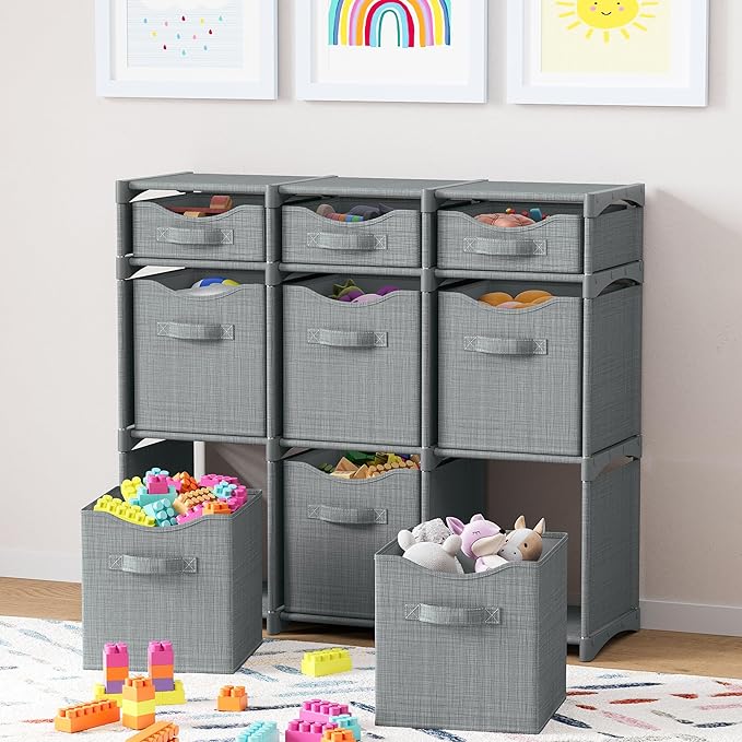 9 Cube Storage Organizer With Bins Included - Closet Storage With 9 Storage Bins - Easy To Assemble Storage Unit With Drawers - Closet Organization For Clothes, Bedroom, Nursery, & Toys (Light Grey)
