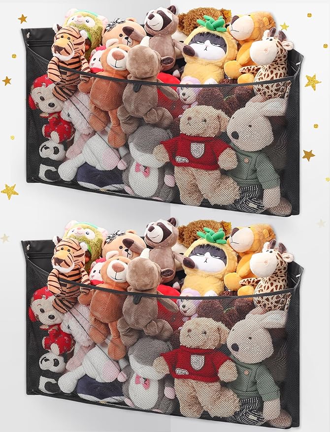 ANROYE 2PCS Large Corner Stuffed Animal Storage, Kids Plushies Toy Black Wall Hammock for Girls Room, Baby Squishmallow Holder for Nursery, Organizer Idea for Bear Hanging Display Boy Gift