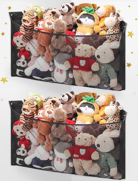 ANROYE 2PCS Large Corner Stuffed Animal Storage, Kids Plushies Toy Black Wall Hammock for Girls Room, Baby Squishmallow Holder for Nursery, Organizer Idea for Bear Hanging Display Boy Gift