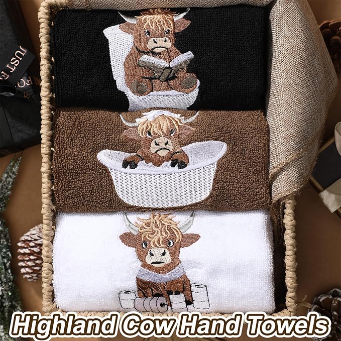 3 Pcs Highland Cow Hand Towels for Bathroom Embroidered Bathroom Towels Farmhouse Decorative 13.78 x 29.53 Inch Absorbent Soft Cotton for Dish Fast Drying Decor