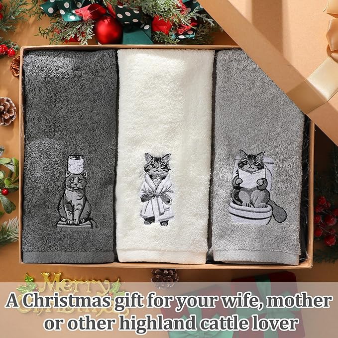 3 Pcs Cat Bathroom Hand Towels Set Cute Black Cat Embroidered Decorative Funny Kitchen Towels 100% Cotton Embroidery Farmhouse Decor for Bathroom Kitchen 13.3 x 29.5''