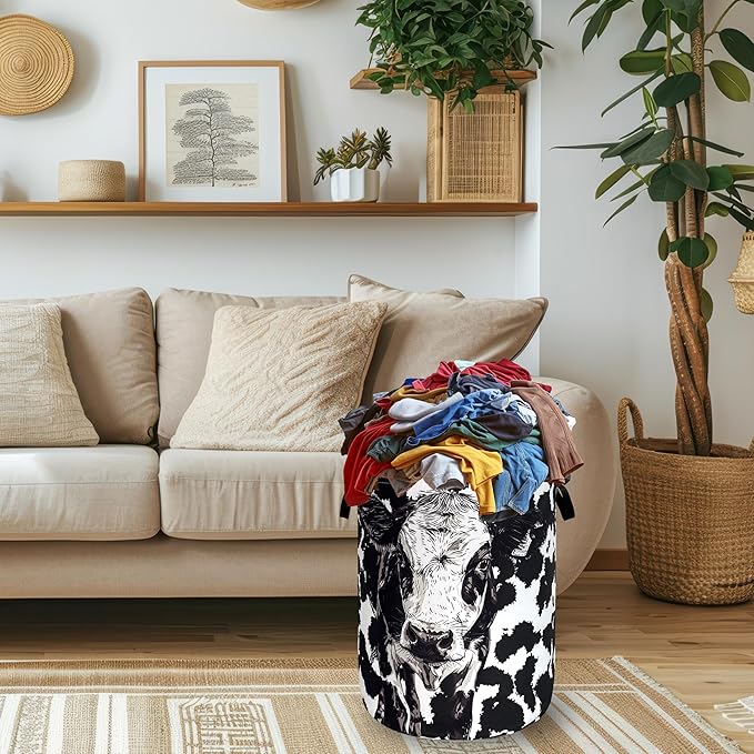 Personalize Black White Cow Laundry Basket Oxford Cloth Foldable Animal Laundry Hamper With Handle Portable Clothes Storage Organizer Basket 18.9x16.5Inch Laundry Bag For Laundry Room/Bedroom/Bathroom