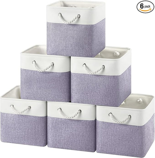 12x12 Storage Cube Bins, 6 Pack Reinforced Bottom Cardboard Foldable Box, Organizer for Closet Shelves, Heavy Home Storage Baskets (White Purple)