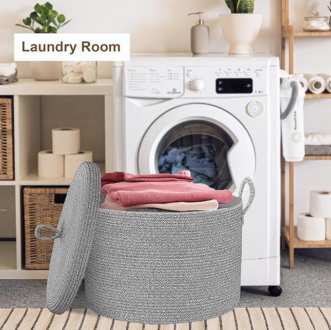 21" x 18" Extra Large storage baskets,Decorative blanket basket with lid for Living room,rope baskets with lid,wicker hamper for bedroom,Big,Round,Grey