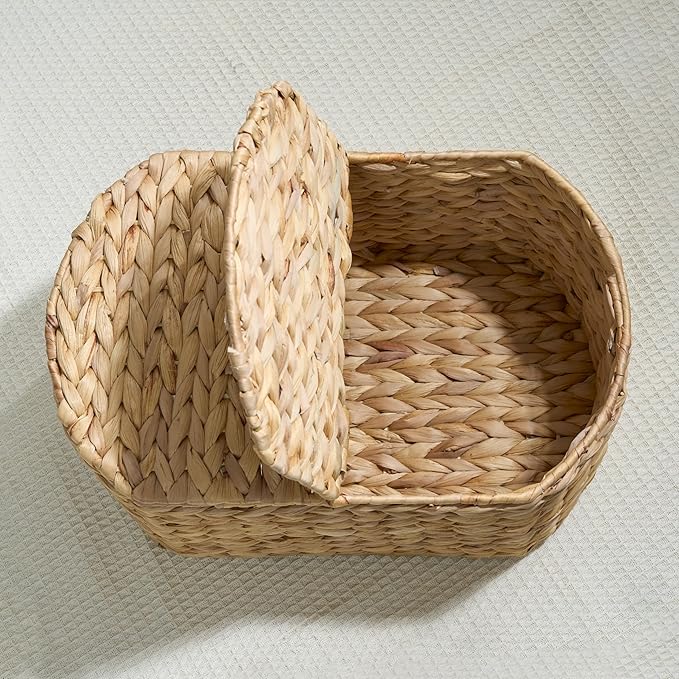 Woven Laundry Basket with Lid - Large Wicker Hamper with Lid for Clothes Storage - Round Rattan Laundry Hamper - Water Hyacinth Storage Basket with Lid (Natural Brown, 16.1x10.2x8.3 in)