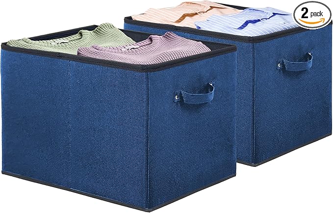 Simple Houseware 15 x 13 Inch Collapsible Fabric Storage Bin with Handles, 2 Pack, Steel Blue