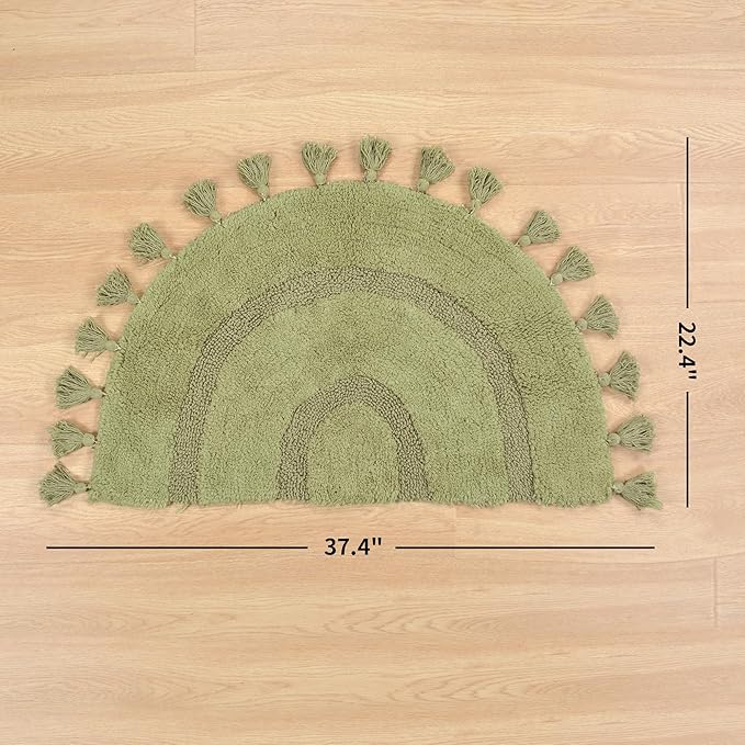 Half Circle Boho Bathroom Rugs with Tassels 100% Cotton Hand-Woven Bath Mat Non Slip Absorbent Bath Rugs with Rug Pad Washable Boho Bath Mat Carpet for Tub, Shower 20"x32",Sage Green